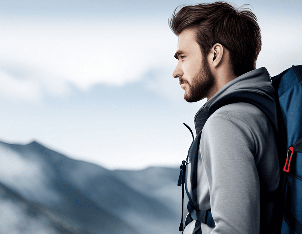 Man hiking in mountains wearing backpack 1