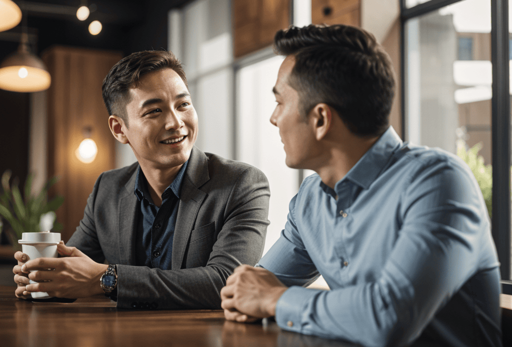 Two men talking about success in a coffee shop