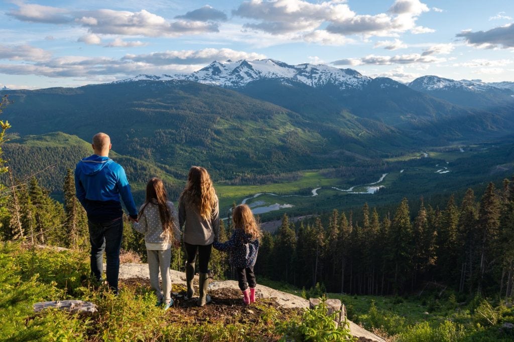 family on a hike looking at mountain